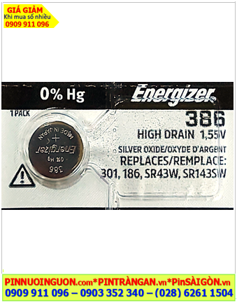Pin SR43SW Pin 386/301; Pin đồng hồ Energizer SR43SW Pin 386 Pin 301 Silver Oxide 1.55v /Xuát xứ NHẬT